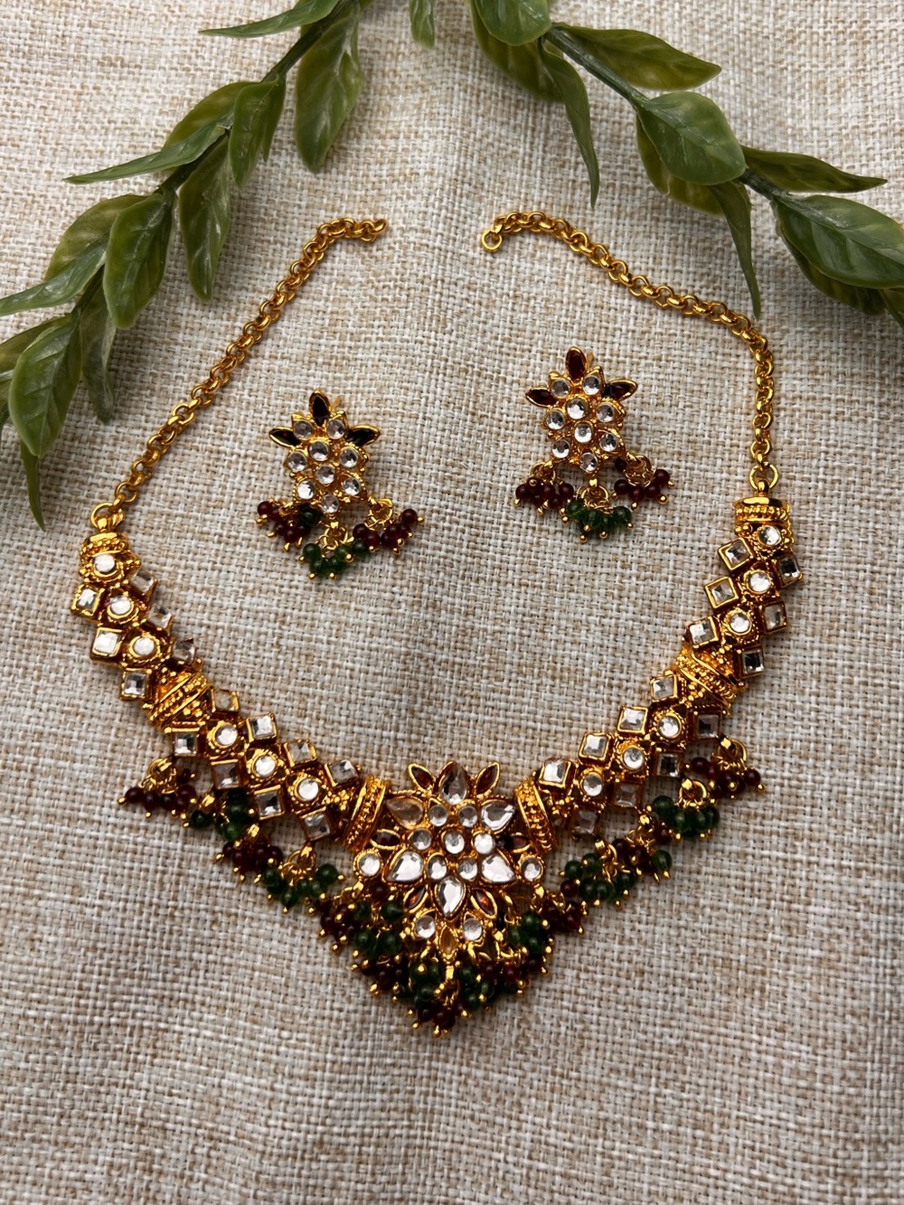Gold Indian-Style Wedding Necklace and Earring Set
